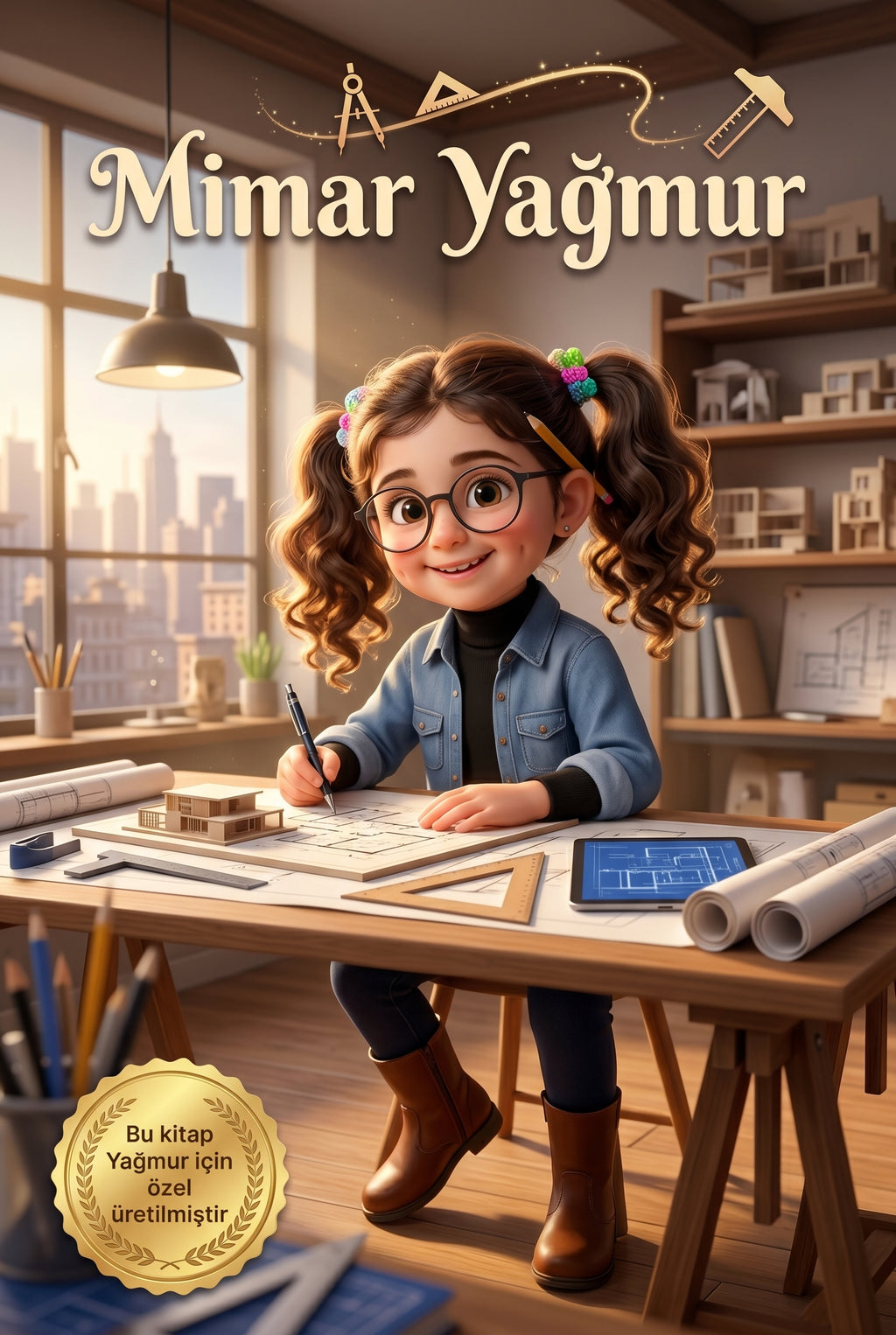 Mimar Yağmur kişiye özel çocuk kitabı ön kapağı, renkli Pixar 3D illüstrasyon tasarımı.