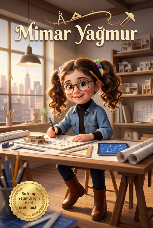 Mimar Yağmur kişiye özel çocuk kitabı ön kapağı, renkli Pixar 3D illüstrasyon tasarımı.