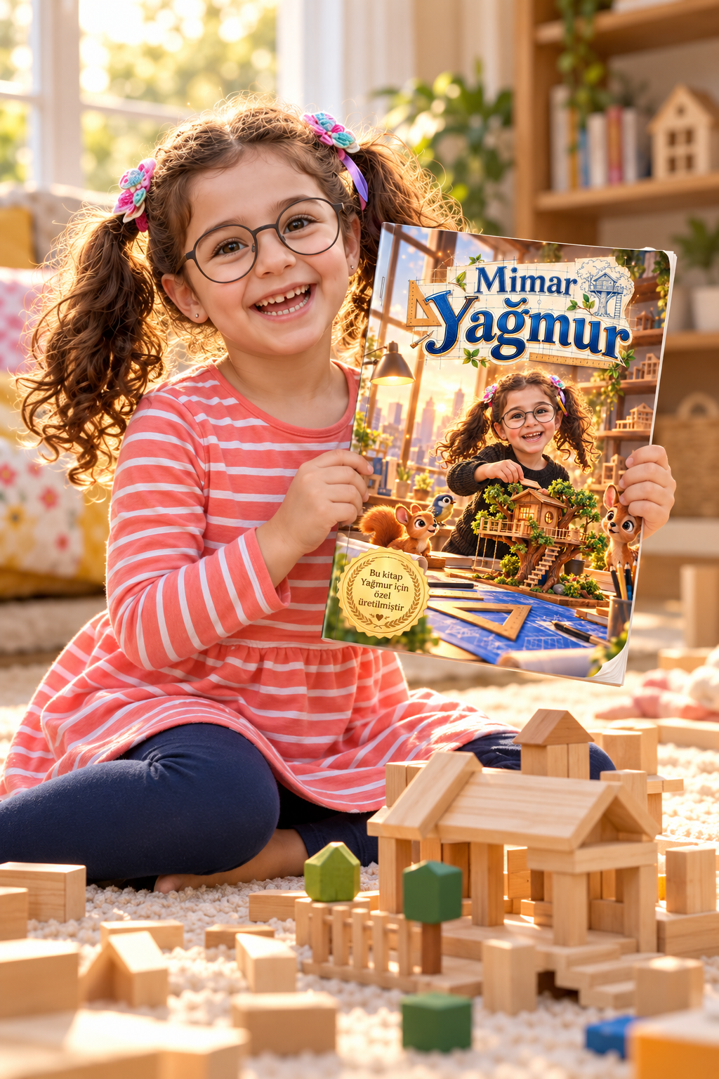 Yağmur kendi adının yazılı olduğu kişiye özel kitabı gösteriyor