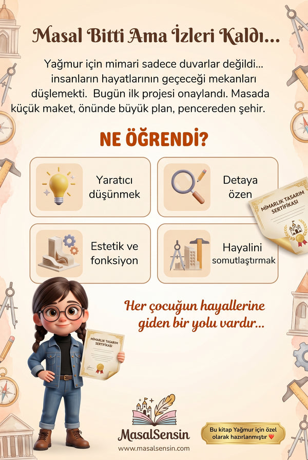 Mimar Yağmur isimli kitabın arka kapağı — duygusal benlik gelişimi ve analitik düşünme kazanımları.