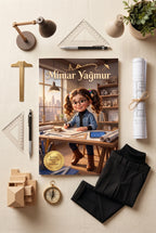Masada açık Mimar Yağmur meslek hikayesi kitabı ve oyuncak yapı blokları — yaratıcı çocuk odası konsepti.