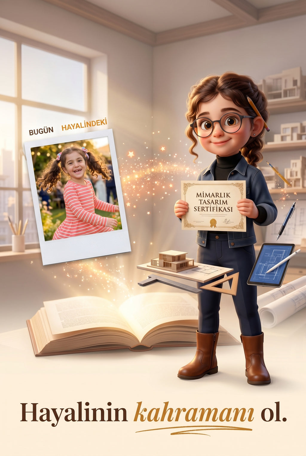 Çocuğunuzun fotoğrafından Mimar Yağmur karakterine dönüşüm — isme özel 3D avatar tasarımı.