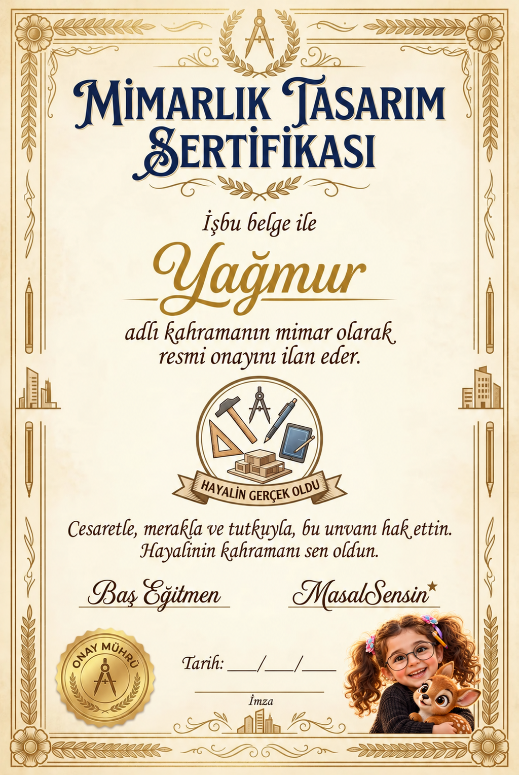 Mimar Yağmur kişiye özel Mimarlık Tasarım Sertifikası