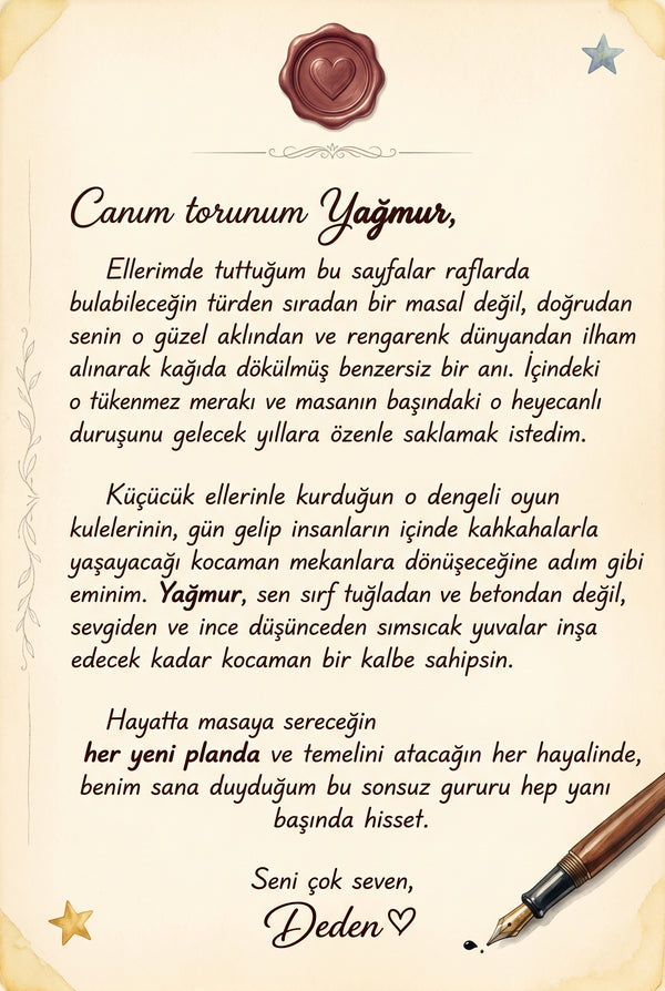 Mimar Yağmur kitabı ilk sayfasında yer alan, büyükanne ve teyzeden kişiye özel sevgi dolu hediye notu.