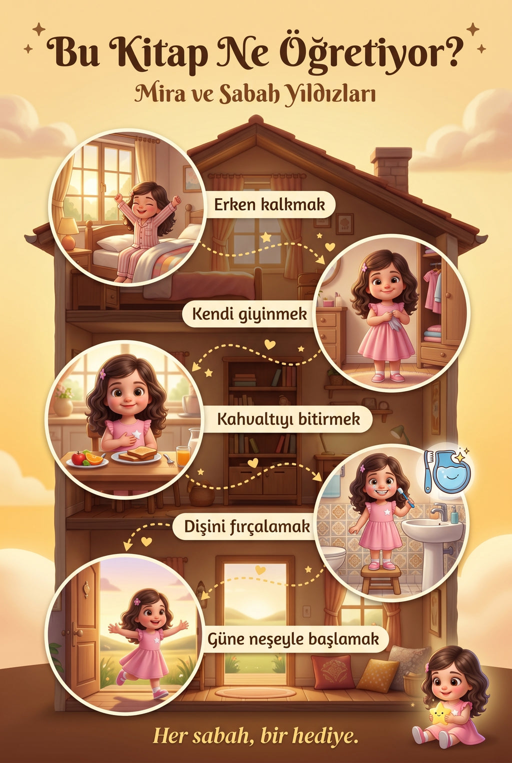 Bu Kitap Ne Öğretiyor — Mira ve Sabah Yıldızları için öğrendiği günlük değerler görselleştirmesi.