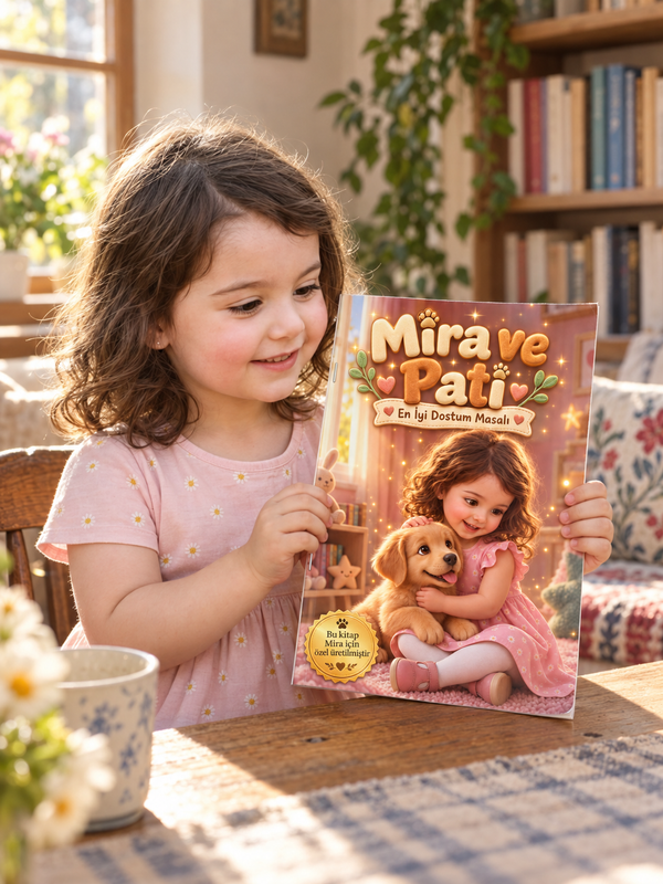 Mira kendi adının yazılı olduğu kişiye özel kitabı gösteriyor