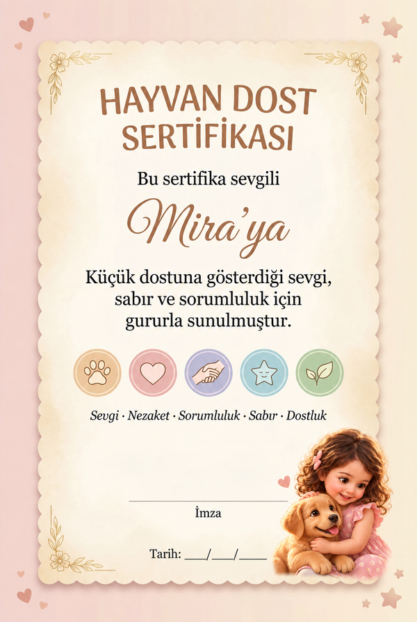Mira ve Pati kişiye özel Hayvan Dost Sertifikası