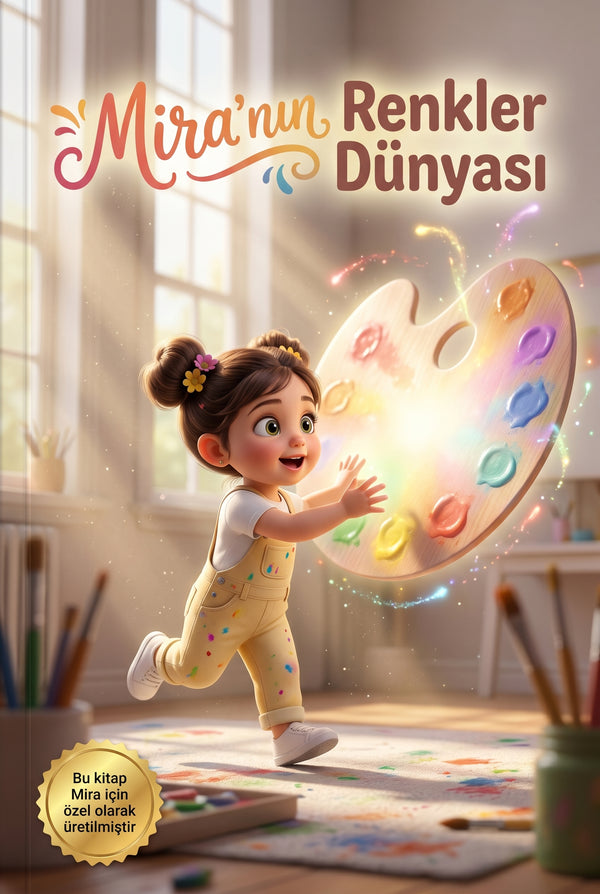 Mira'nın Renkler Dünyası kişiye özel çocuk kitabı ön kapağı, neşeli boya paleti ve Pixar 3D kahraman