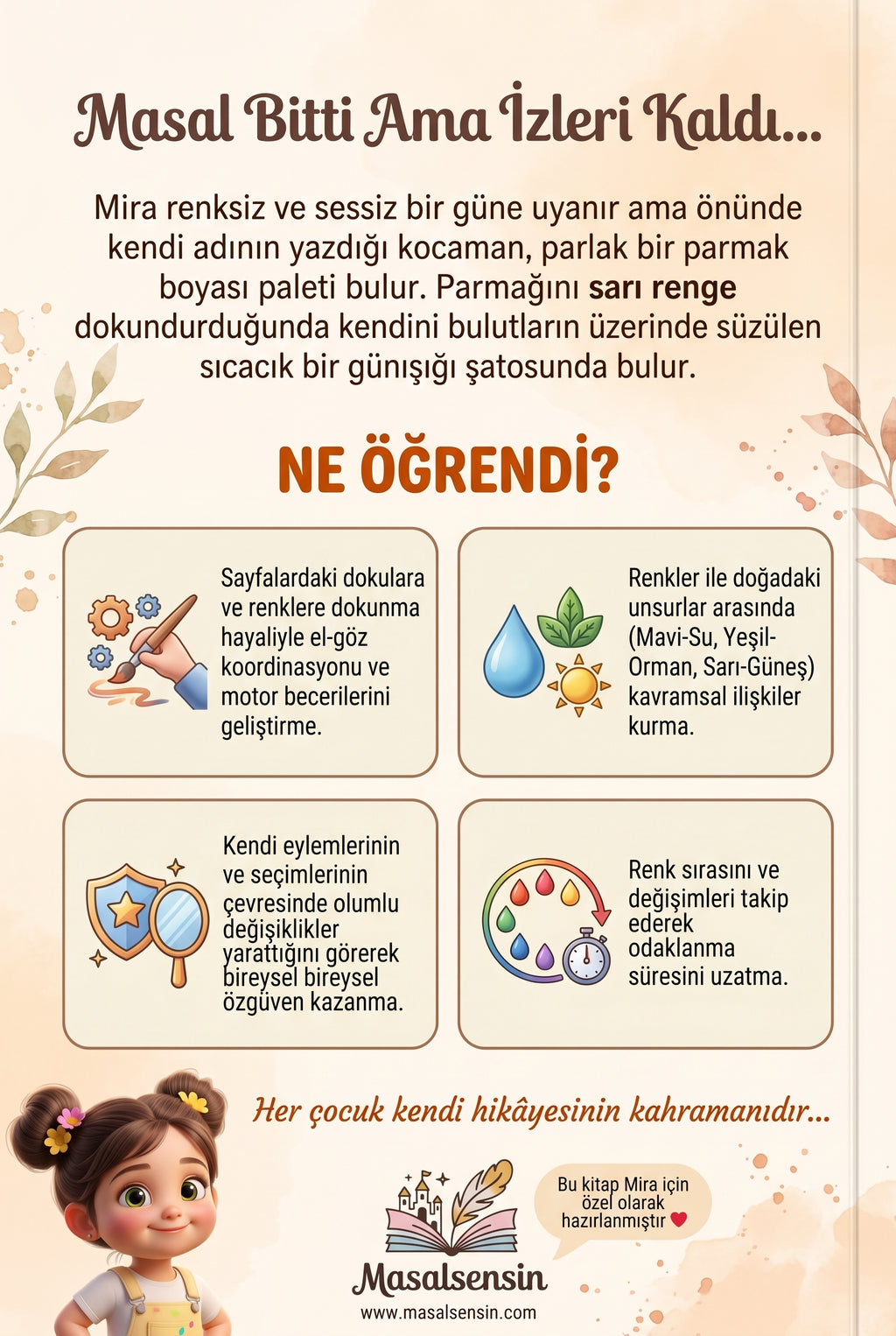 Mira isimli renkler konulu bebek kitabının arka kapağı — özgüven ve duyusal gelişim kazanımları