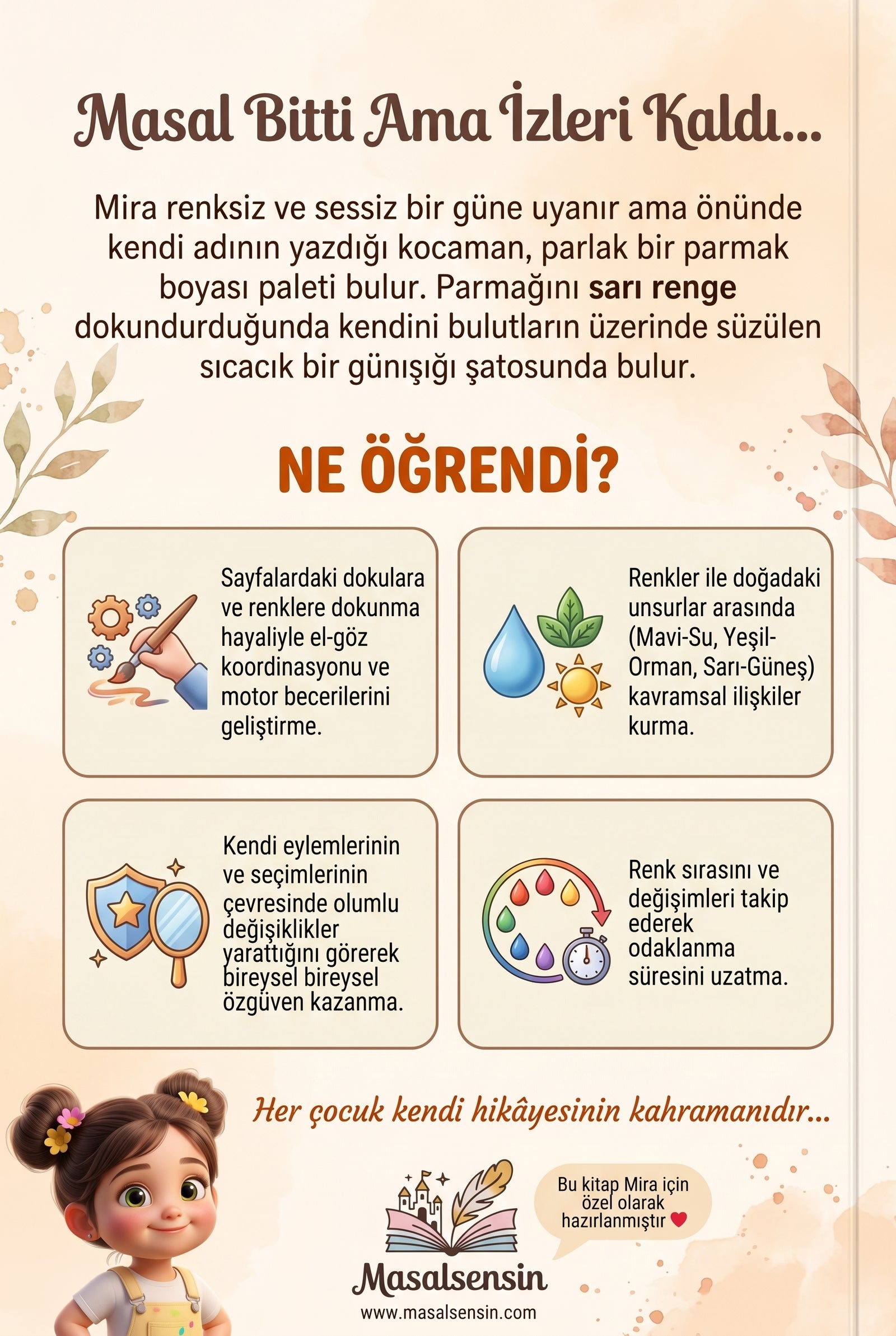 Mira isimli renkler konulu bebek kitabının arka kapağı — özgüven ve duyusal gelişim kazanımları