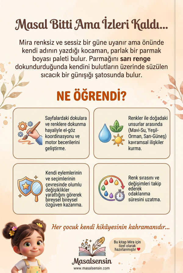Mira isimli renkler konulu bebek kitabının arka kapağı — özgüven ve duyusal gelişim kazanımları
