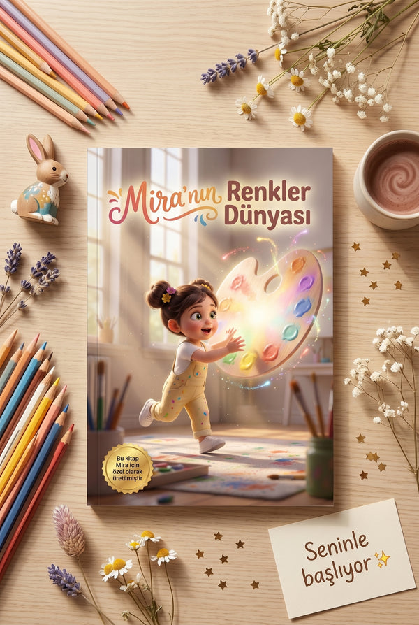 Mira'ya özel isimli bebek hikaye kitabı, boya kalemleri ve oyuncaklarla masada düz çekim