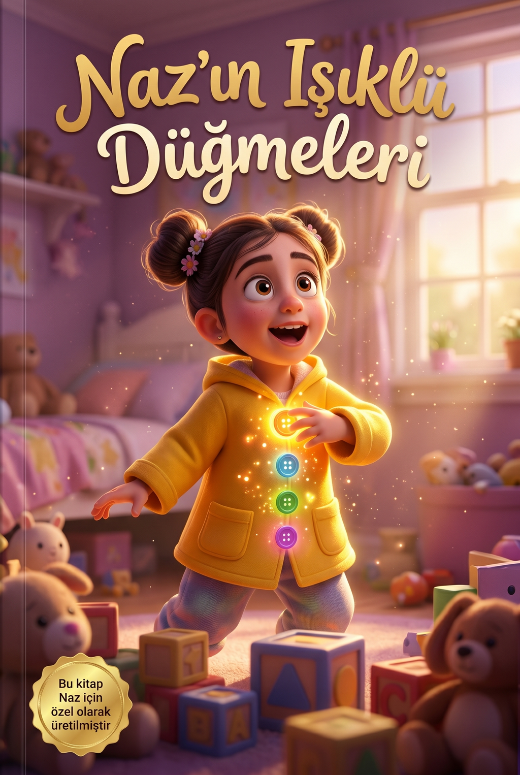 Naz'ın Işıklı Düğmeleri kişiye özel çocuk kitabı ön kapağı, parlayan sihirli düğmeler ve Pixar 3D illüstrasyon tasarımı.