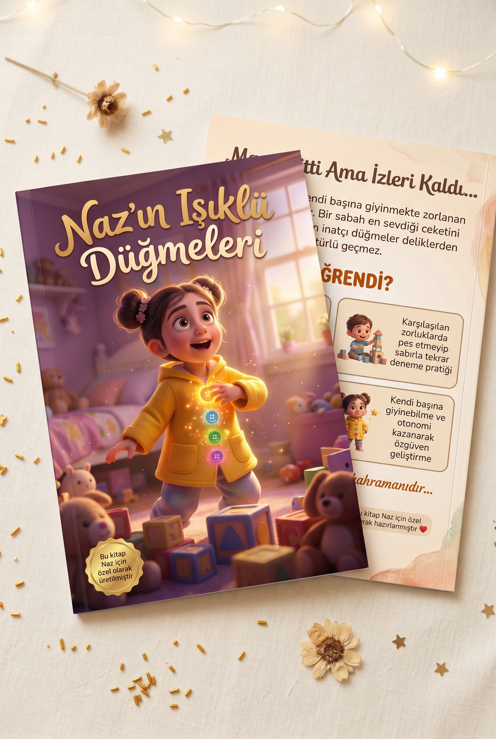 Naz'ın otonomi odaklı hikaye kitabı ön ve arka kapağı bir arada, yüksek çözünürlüklü A4 kişiselleştirilmiş tasarım.