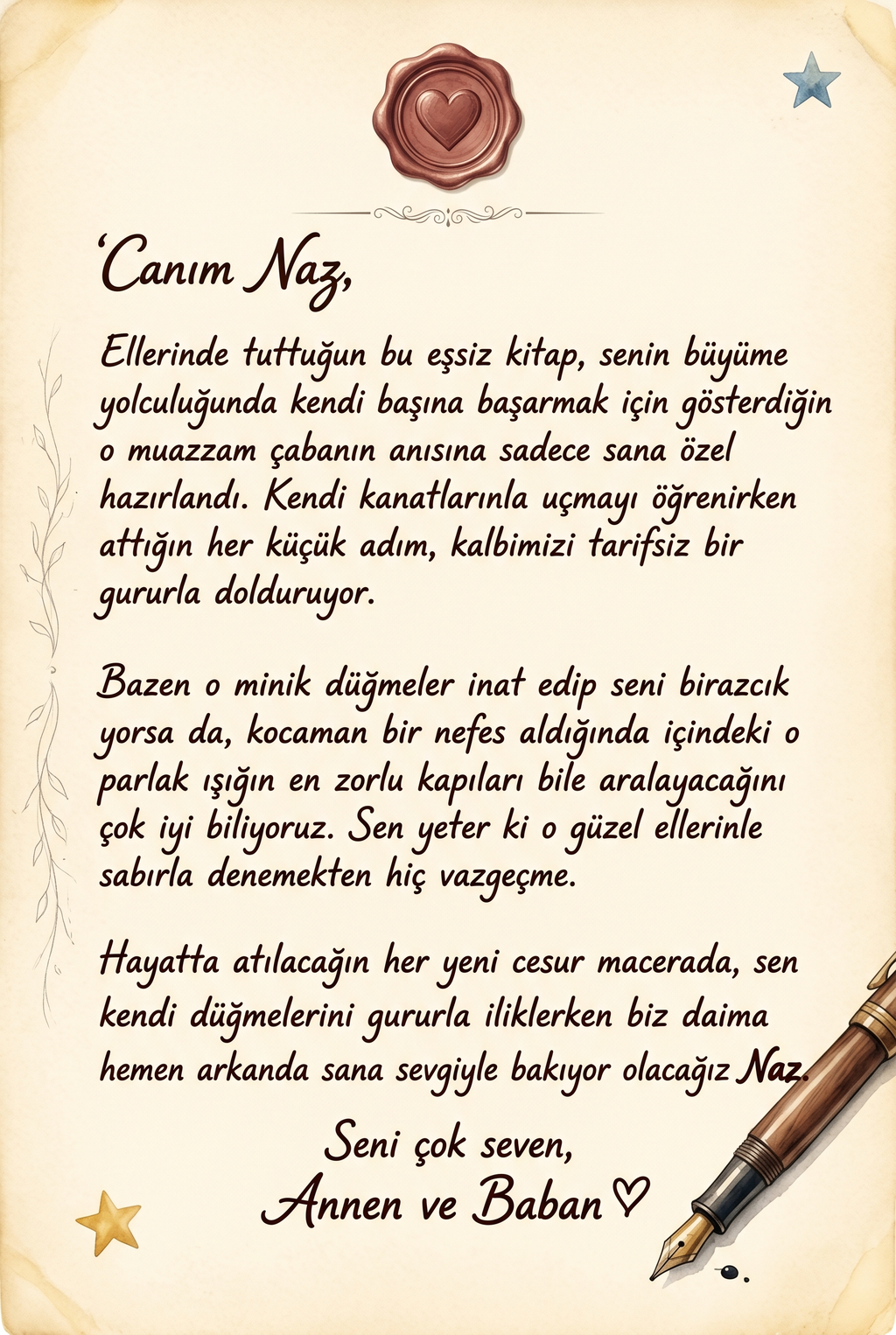 Kitabın ilk sayfasındaki kişiye özel sevgi dolu hediye notu, doğum günü hediyesi için unutulmaz hatıra alanı.