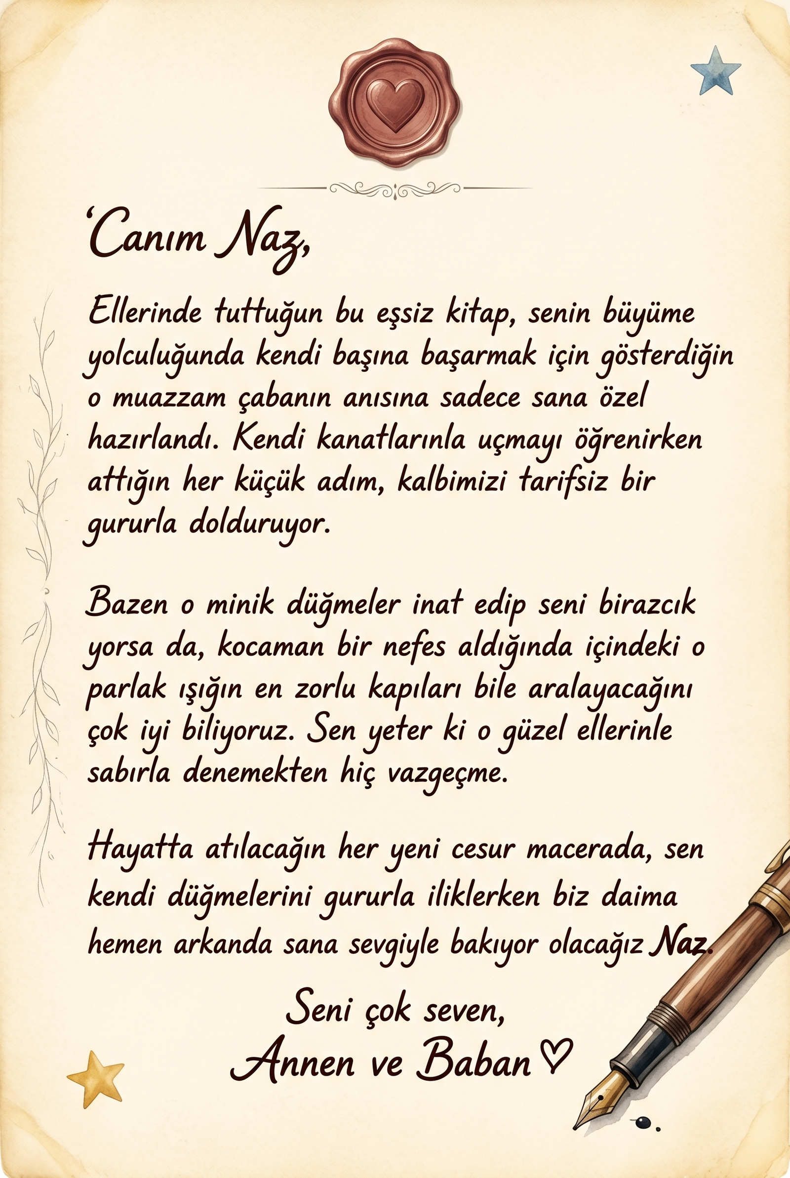 Kitabın ilk sayfasındaki kişiye özel sevgi dolu hediye notu, doğum günü hediyesi için unutulmaz hatıra alanı.