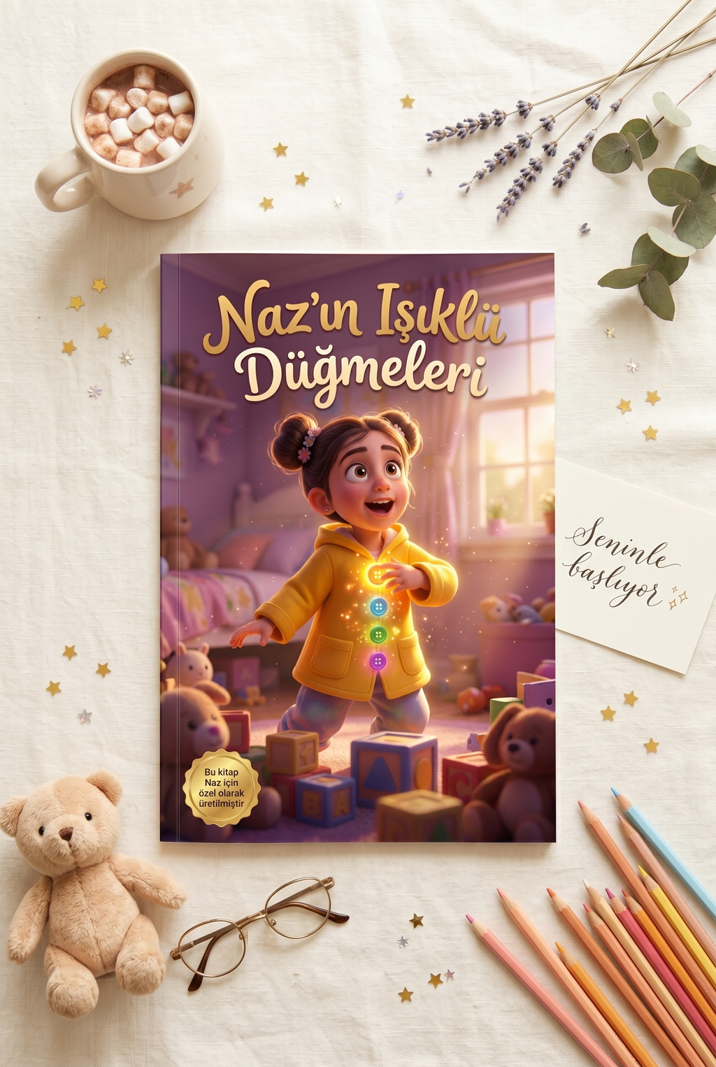 Masada açık duran Naz'ın isimli çocuk kitabı, canlı renkler ve yüksek kaliteli yumuşak kapak baskı detayları.