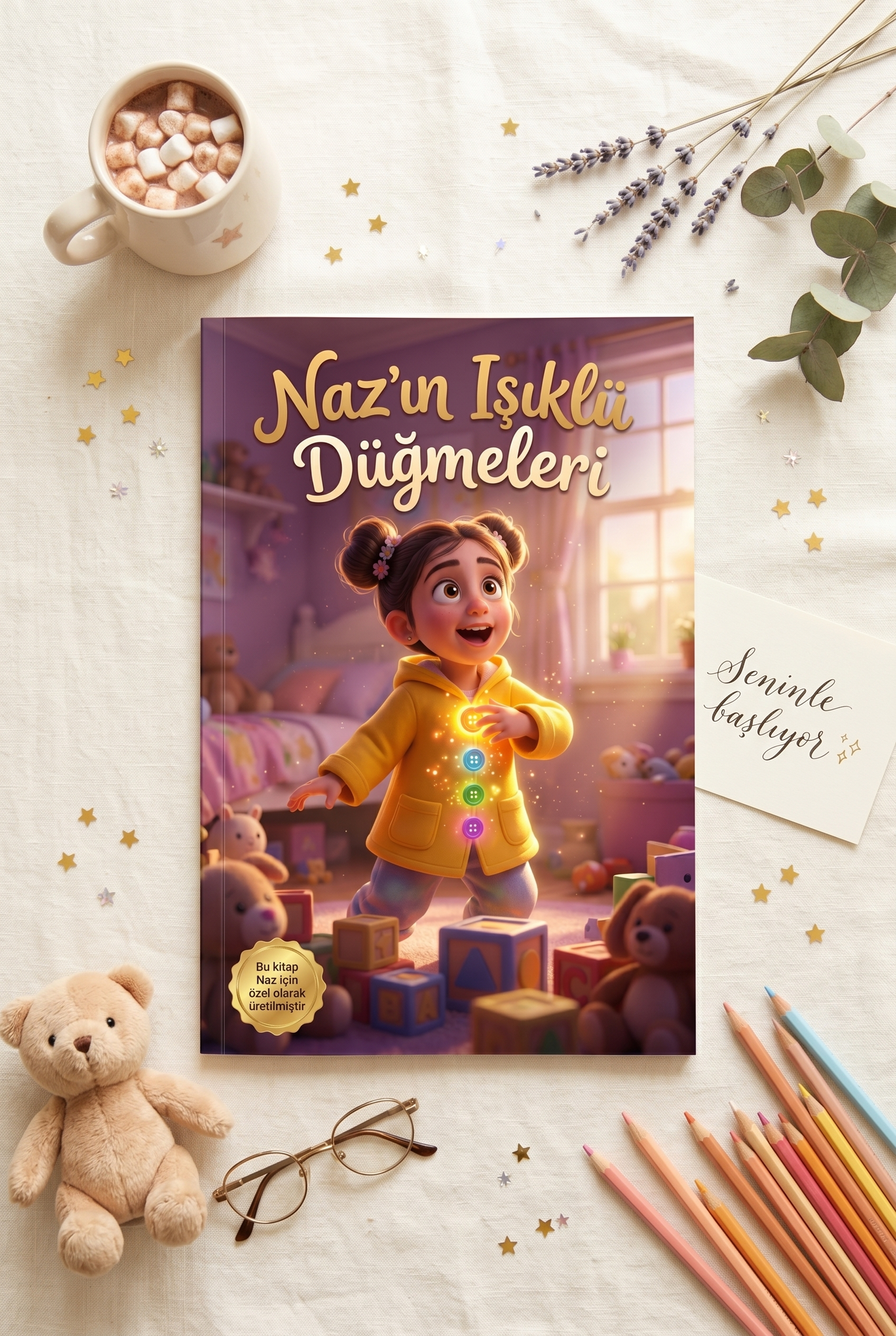 Masada açık duran Naz'ın isimli çocuk kitabı, canlı renkler ve yüksek kaliteli yumuşak kapak baskı detayları.