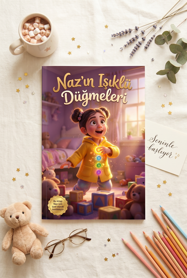 Masada açık duran Naz'ın isimli çocuk kitabı, canlı renkler ve yüksek kaliteli yumuşak kapak baskı detayları.