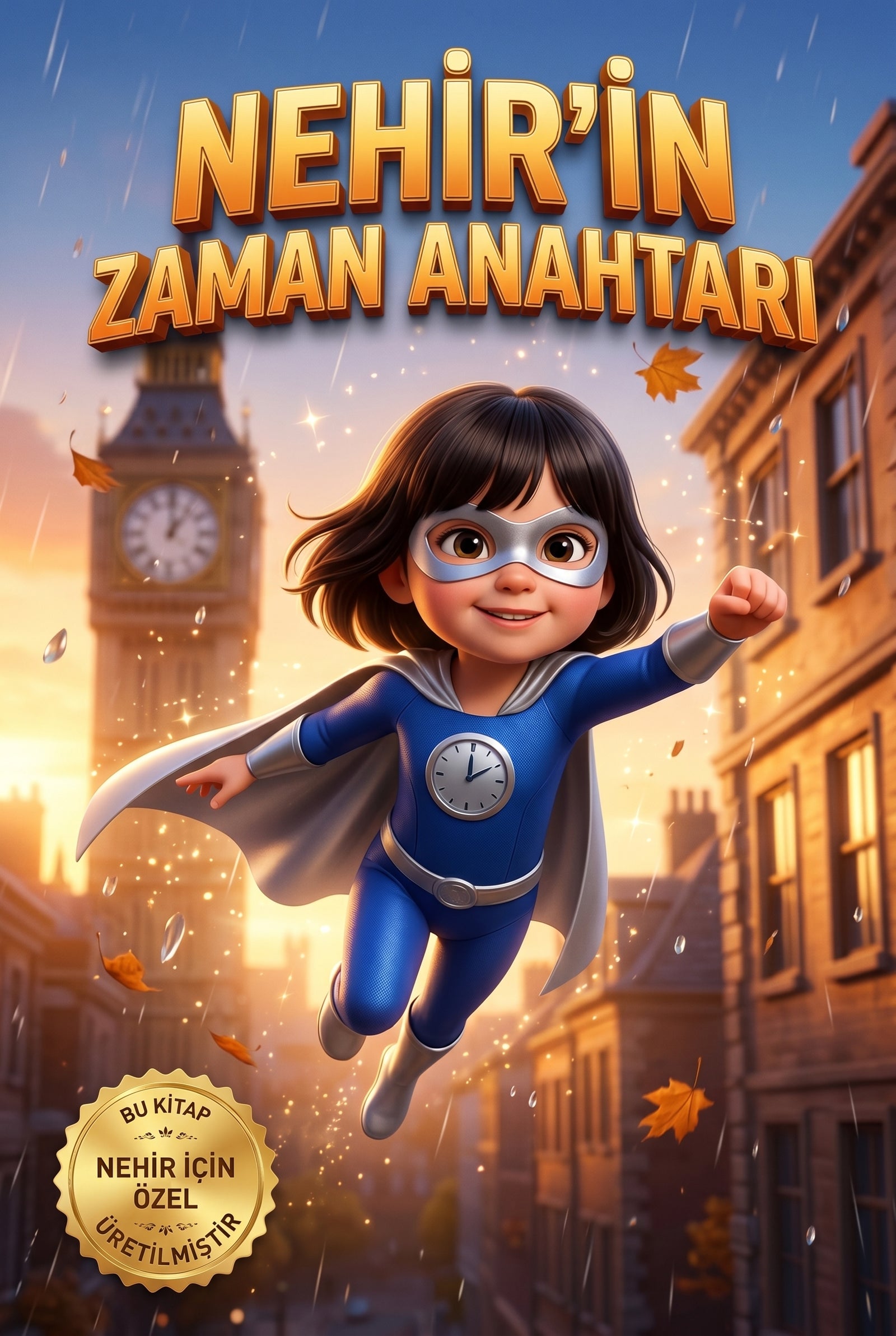 Nehir'in Zaman Anahtarı kişiye özel süper kahraman çocuk kitabı ön kapağı, Pixar 3D kalitesinde illüstrasyon