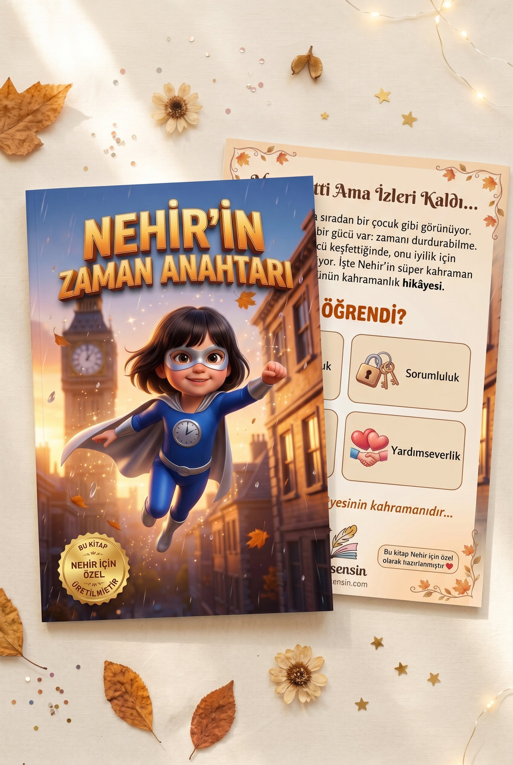 Nehir'in Zaman Anahtarı kişiye özel kitabının ön ve arka kapağı birlikte - A4 yumuşak kapak kalitesi sunumu