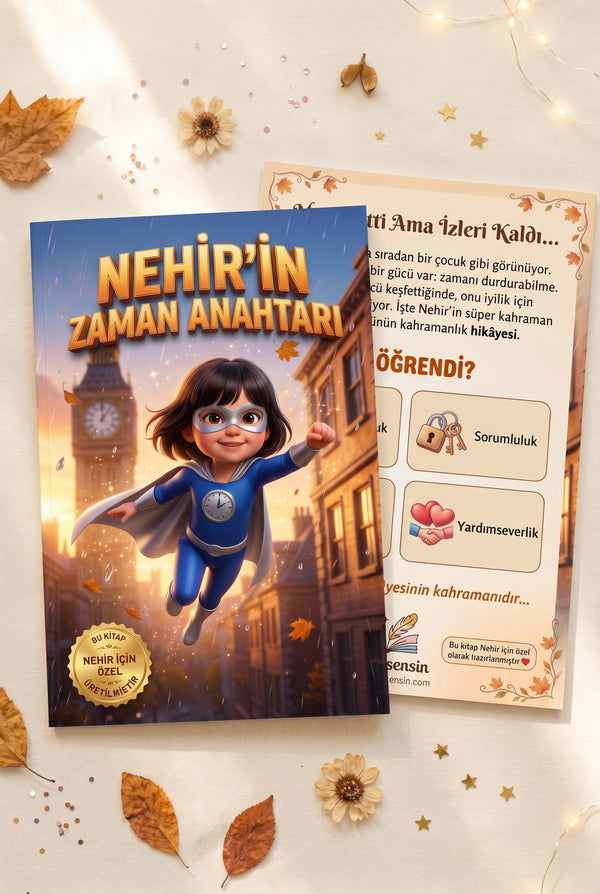 Nehir'in Zaman Anahtarı kişiye özel kitabının ön ve arka kapağı birlikte - A4 yumuşak kapak kalitesi sunumu