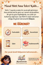 Nehir'in Zaman Anahtarı isimli çocuk kitabının arka kapağı - sorumluluk bilinci ve empati kazanımları özeti