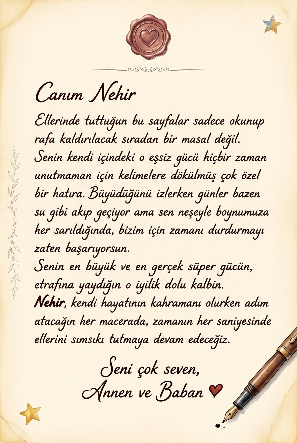 MasalSensin kişiselleştirilmiş çocuk kitabının ilk sayfasında yer alan ebeveynden çocuğa doğum günü hediyesi notu alanı
