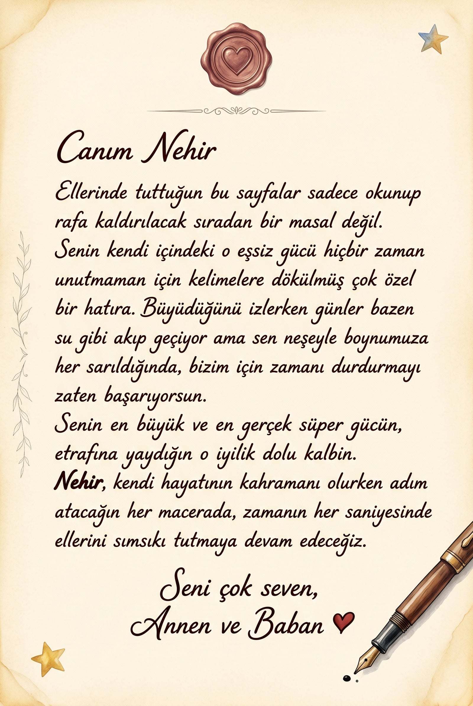 MasalSensin kişiselleştirilmiş çocuk kitabının ilk sayfasında yer alan ebeveynden çocuğa doğum günü hediyesi notu alanı