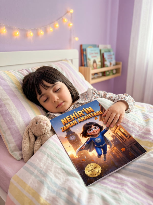 Çocuk uyumadan önce kendi adının yazılı olduğu süper kahraman masalını okurken - bedtime reading kitap okuma anı