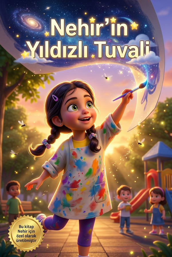 Nehir'in Yıldızlı Tuvali kişiye özel çocuk kitabı ön kapağı, sihirli uzay konseptli Pixar 3D çizim