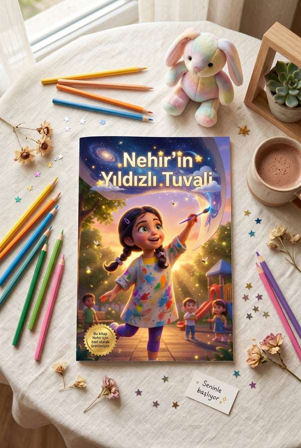 Ahşap masa üzerinde sergilenen Nehir'in Yıldızlı Tuvali kişiselleştirilmiş kitabı ve boya kalemleri