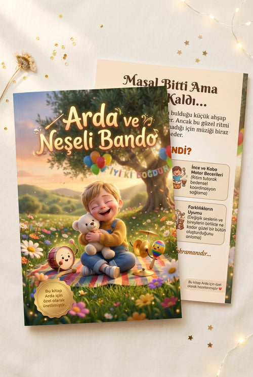 Neşeli Bando temalı kişiye özel hikayenin ön ve arka kapağı yan yana — A4 ebatında yumuşak kapak çocuk kitabı kalitesi.