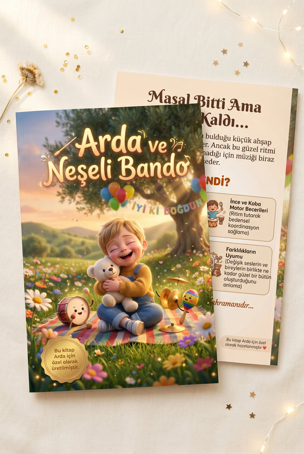 Neşeli Bando temalı kişiye özel hikayenin ön ve arka kapağı yan yana — A4 ebatında yumuşak kapak çocuk kitabı kalitesi.