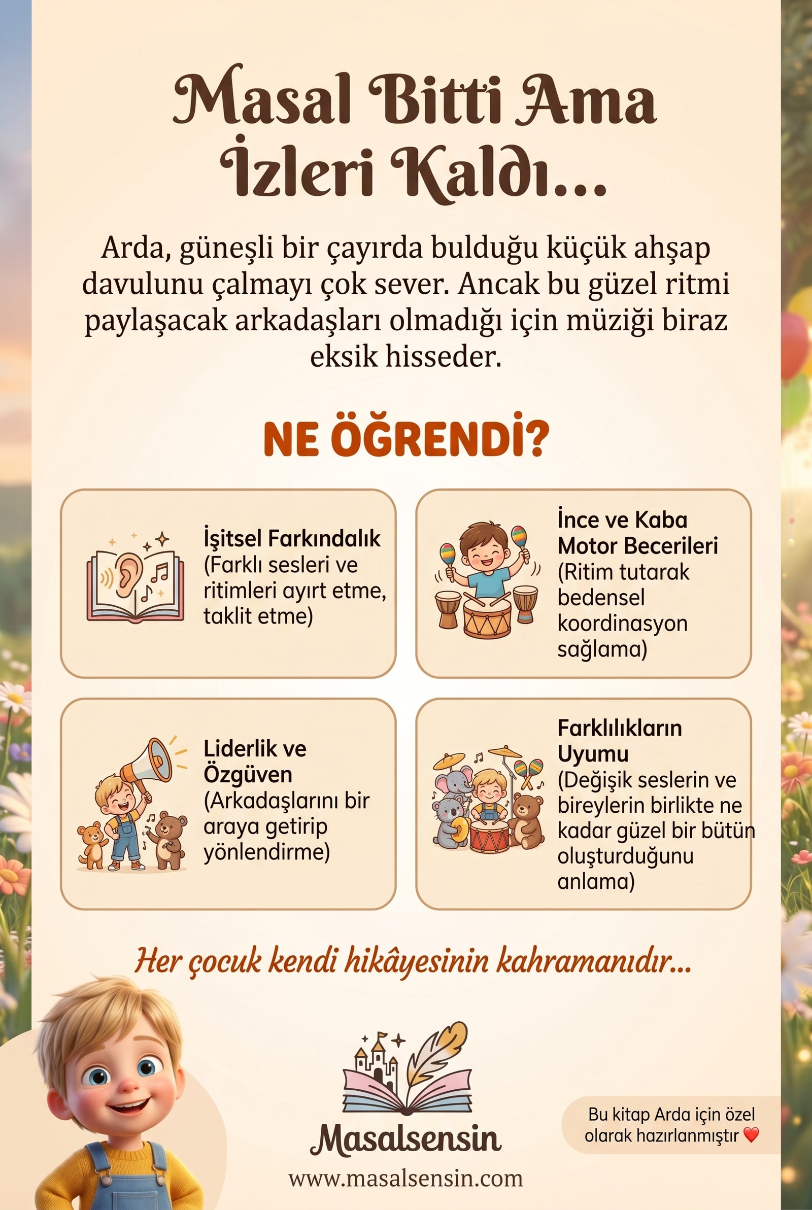 Kişiye özel bebek masalı arka kapağı — işitsel farkındalık ve farklılıkların uyumu kazanım özetlerinin yer aldığı arka kapak.