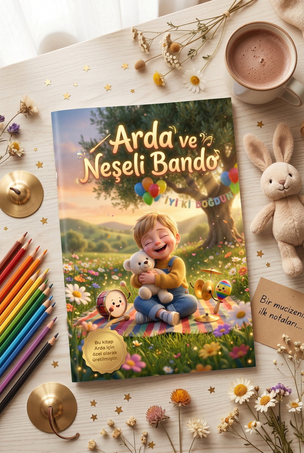 Neşeli Bando isimli kişisel çocuk kitabı ahşap masada açık dururken — sayfalar arasında renkli orman ve müzik sahneleri.