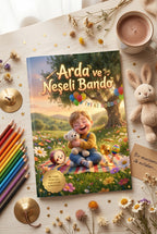 Neşeli Bando isimli kişisel çocuk kitabı ahşap masada açık dururken — sayfalar arasında renkli orman ve müzik sahneleri.