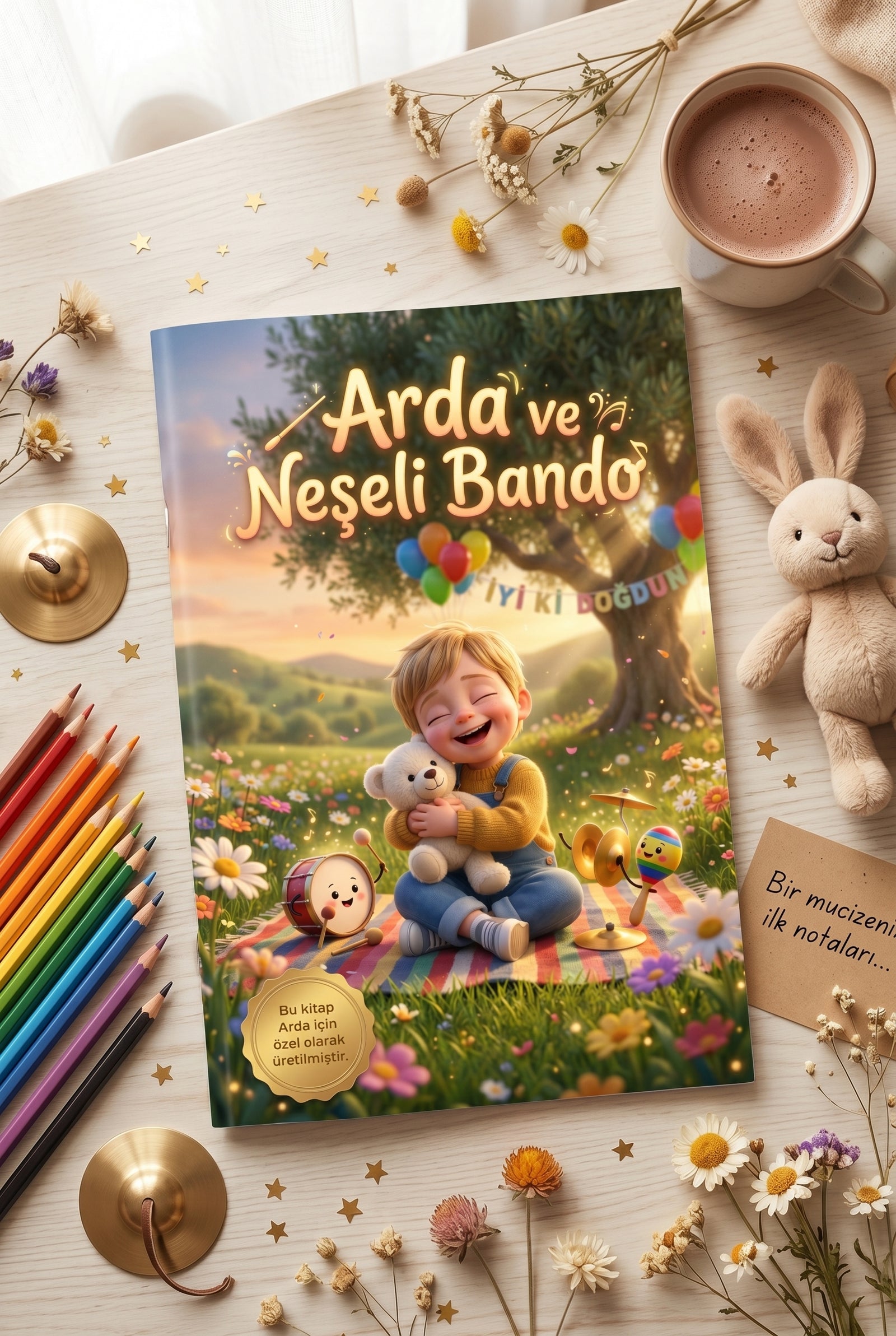 Neşeli Bando isimli kişisel çocuk kitabı ahşap masada açık dururken — sayfalar arasında renkli orman ve müzik sahneleri.