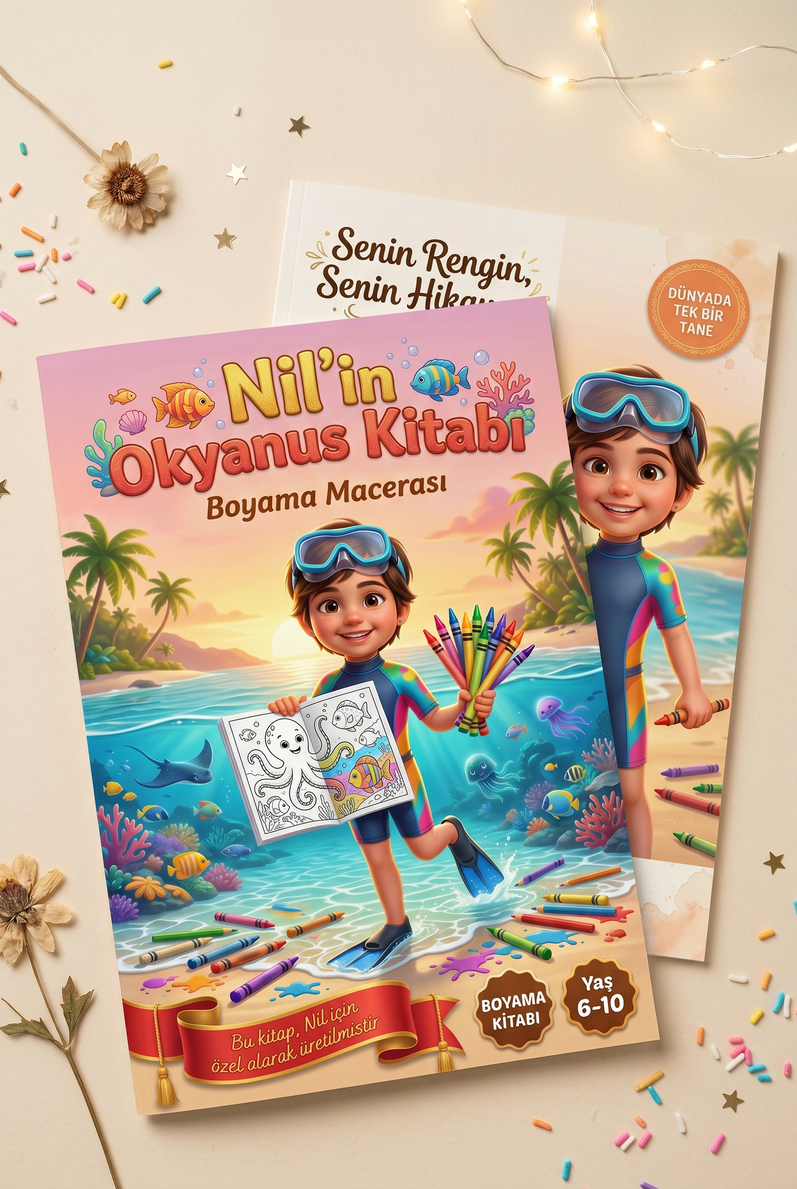 A4 boyutundaki kişiye özel 'Nil'in Okyanus Kitabı'nın canlı ön ve bilgilendirici arka kapakları yan yana sergileniyor.