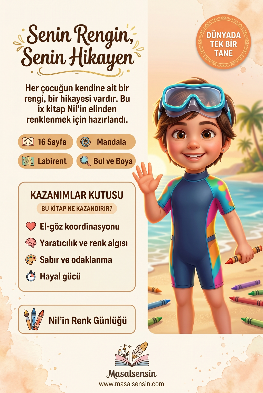 Kişiye özel 'Nil'in Okyanus Kitabı' arka kapağı, el-göz koordinasyonu ve yaratıcılık kazanımlarını özetliyor.