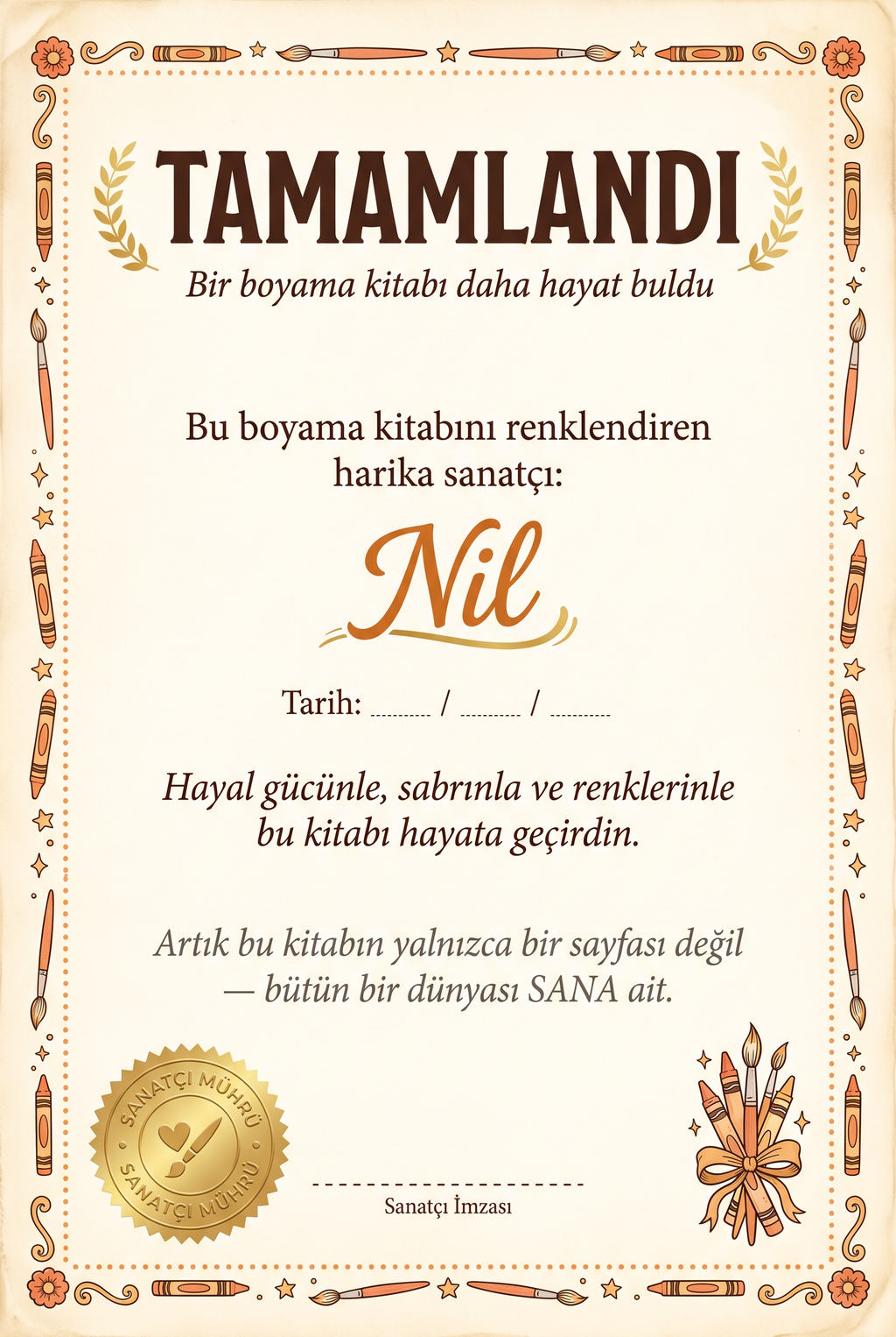 Boyama kitabının ilk sayfasında 'Sevgili Nil'e, bu macera senin!' yazılı kişiye özel hediye notu alanı.