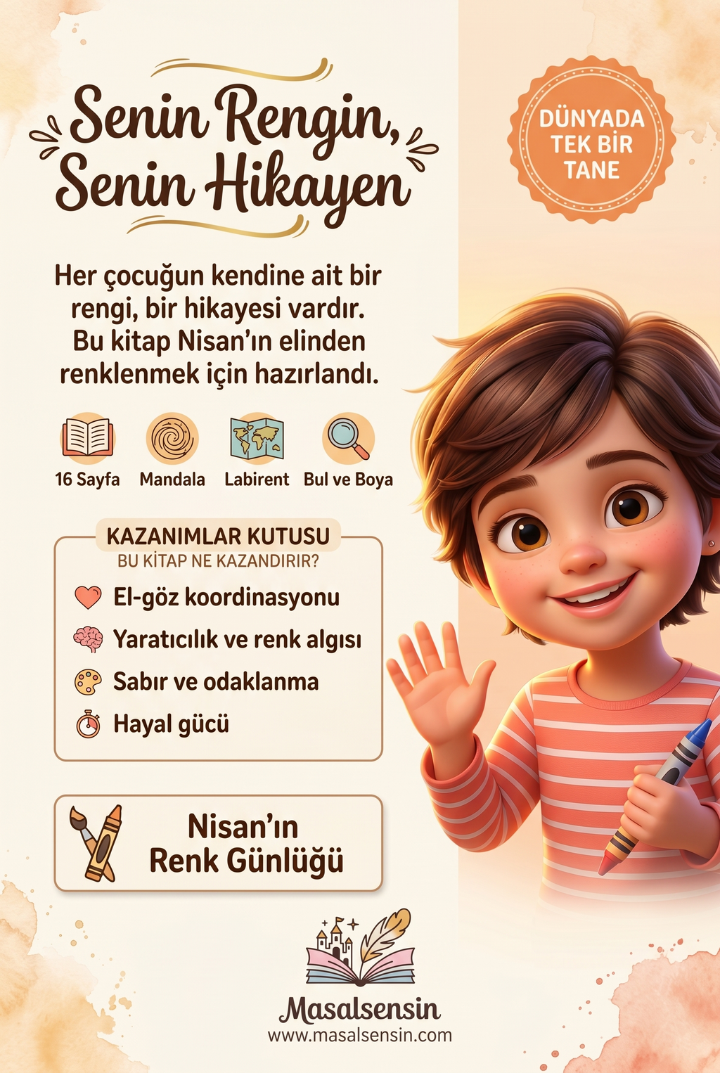 Nisan isimli boyama kitabının arka kapağı - odaklanma ve yaratıcılık kazanımları listesi