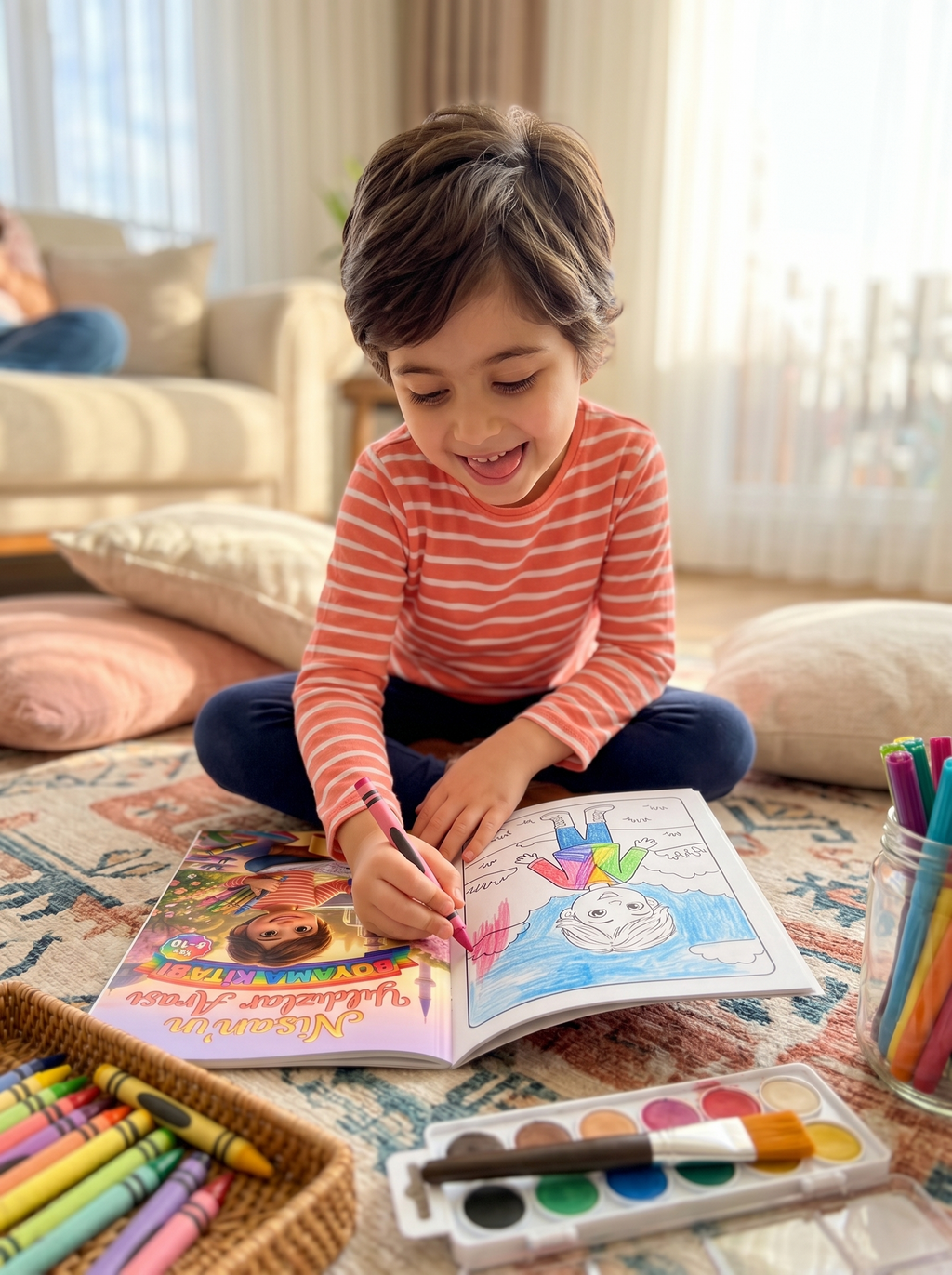 6-9 yaşındaki Nisan masasında kendi adının yazılı olduğu uzay kitabını boyarken - yaratıcı etkinlik anı
