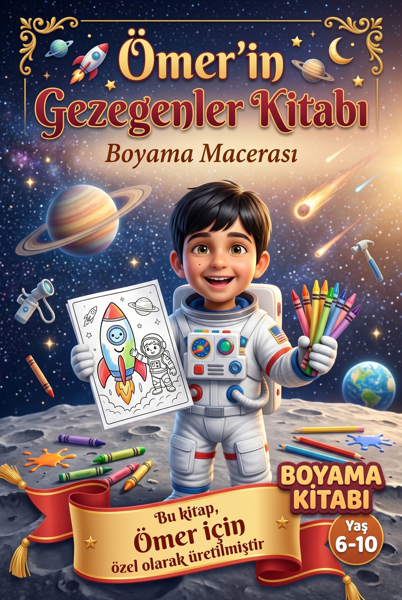 Ömer'in Gezegenler Kitabı'nın kişiye özel ön kapağı, renkli gezegenler ve roket illüstrasyonuyla.