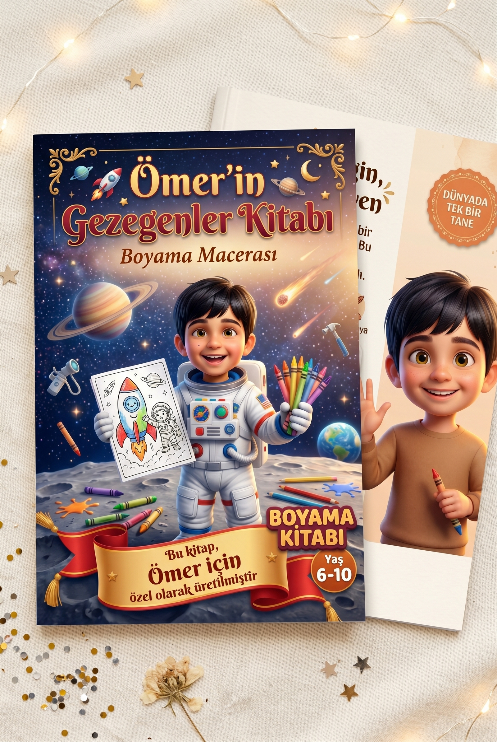 Ömer'in Gezegenler Kitabı'nın ön ve arka kapakları yan yana, A4 yumuşak kapak formatında sergileniyor.