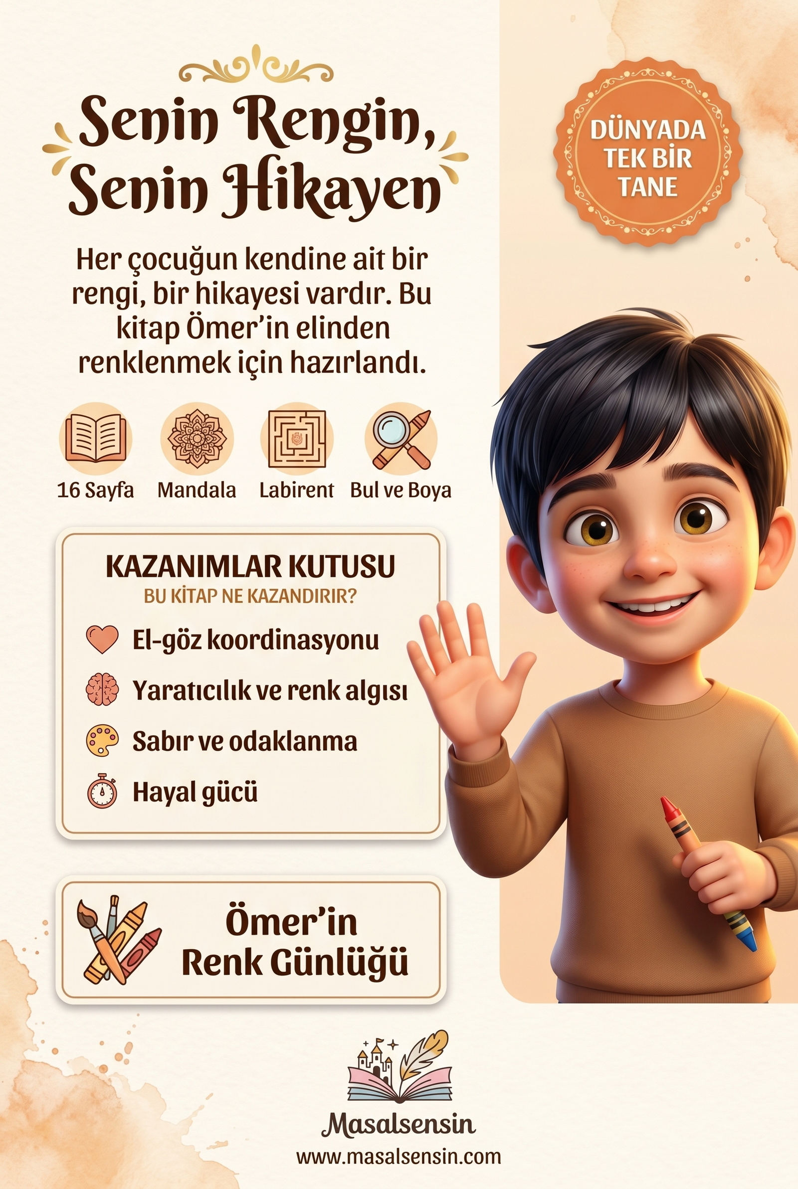 Kişiye özel boyama kitabı arka kapağında Ömer için yazılmış özel bir not ve MasalSensin logosu.