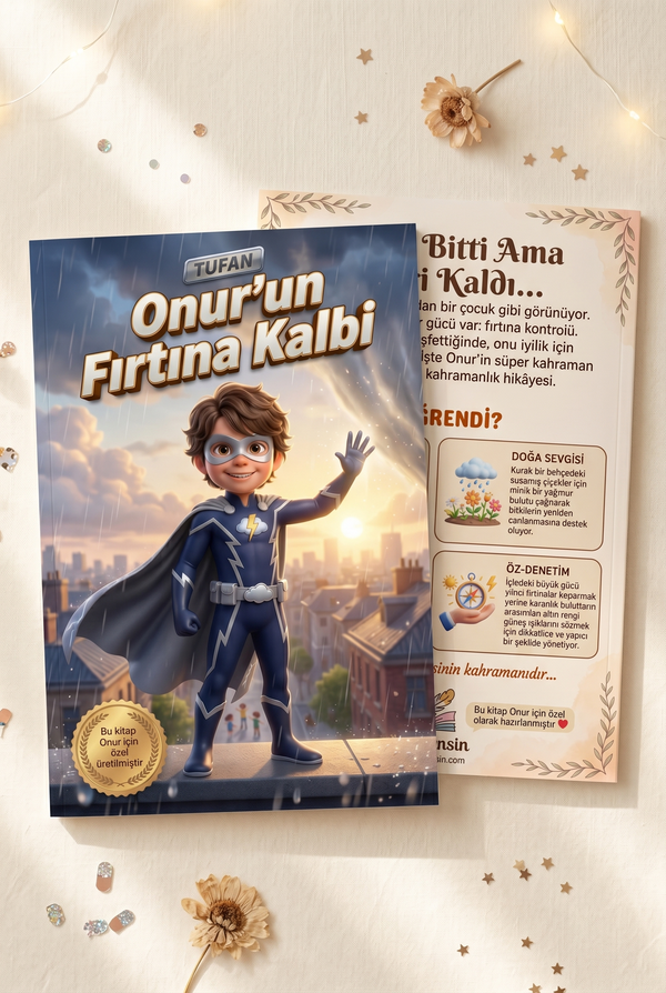Onur adına özel hazırlanan hikaye kitabı ön ve arka kapak tasarımı birlikte görünümü A4 yumuşak kapak