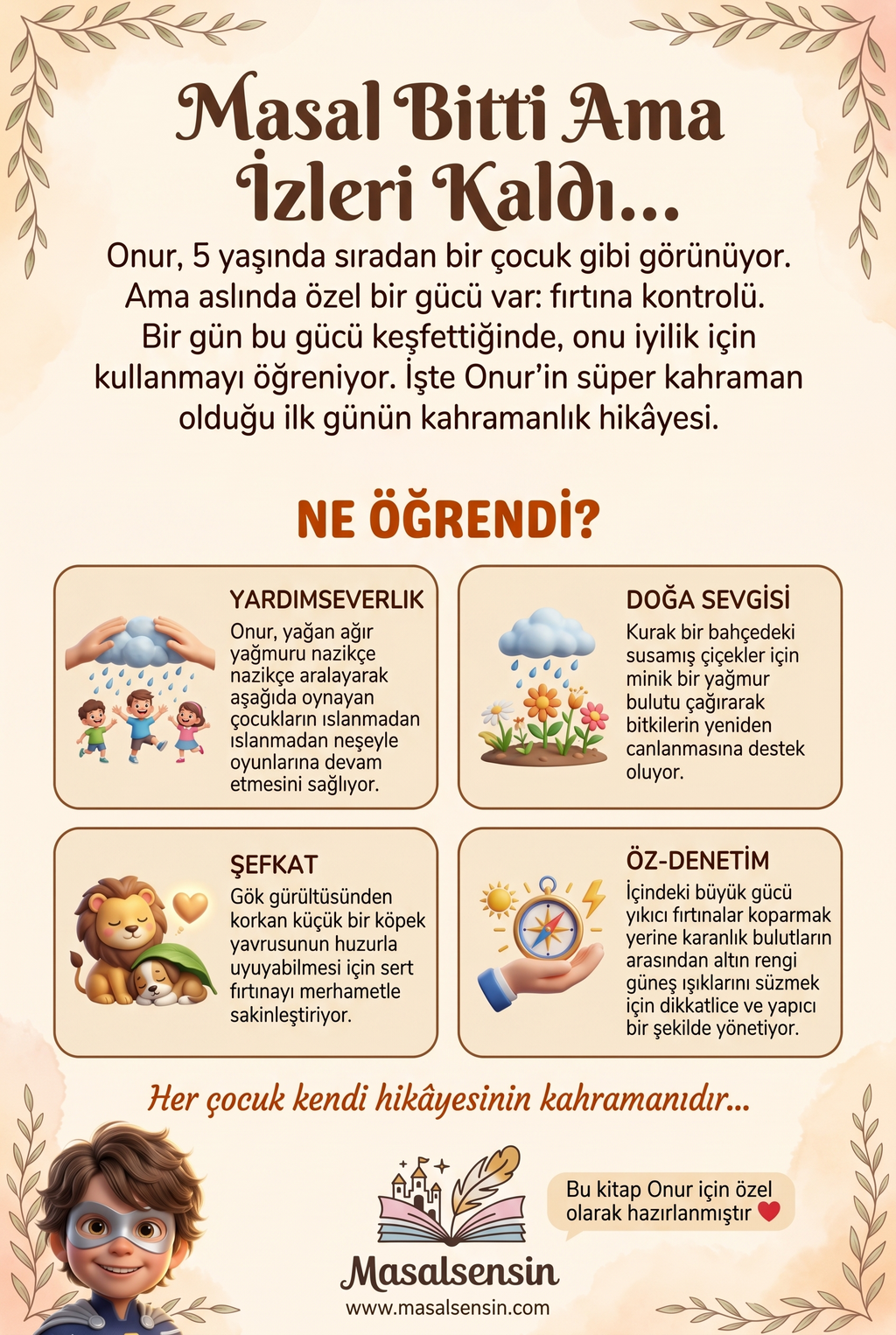 Onur isimli kitabın arka kapağı — yavru kuşu kurtarma anı ve pedagojik duygu düzenleme kazanımları