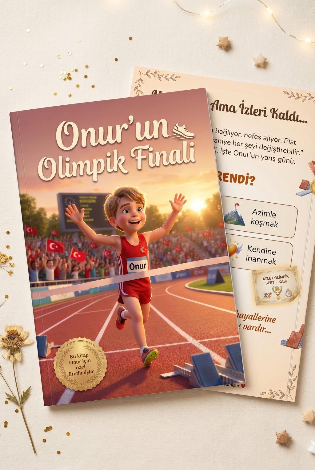 Onur'un Olimpik Finali kitabı ön ve arka kapak bir arada — 6-9 yaş çocuklara özel kitap tasarımı.