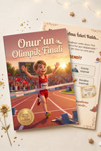 Onur'un Olimpik Finali kitabı ön ve arka kapak bir arada — 6-9 yaş çocuklara özel kitap tasarımı.